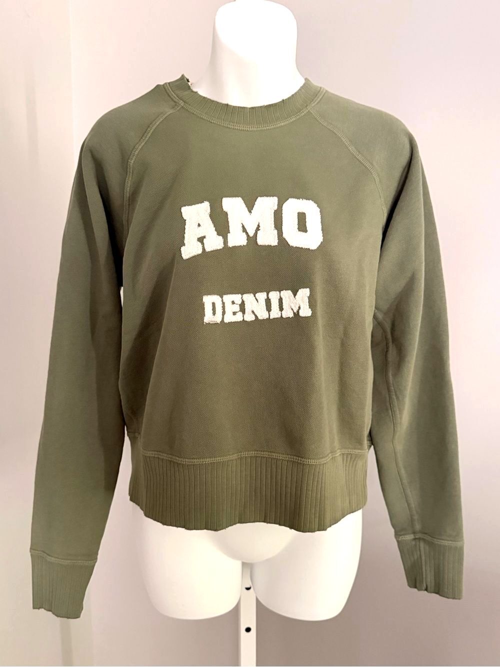 AMO Denim Logo Sweatshirt in Olive Green Sz M NWT $220